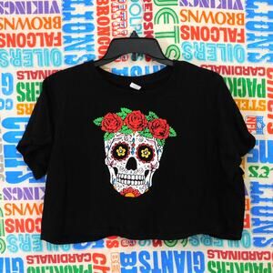 Rose Flower Skull T Shirt Size L Cropped La Luna Black Double Sided